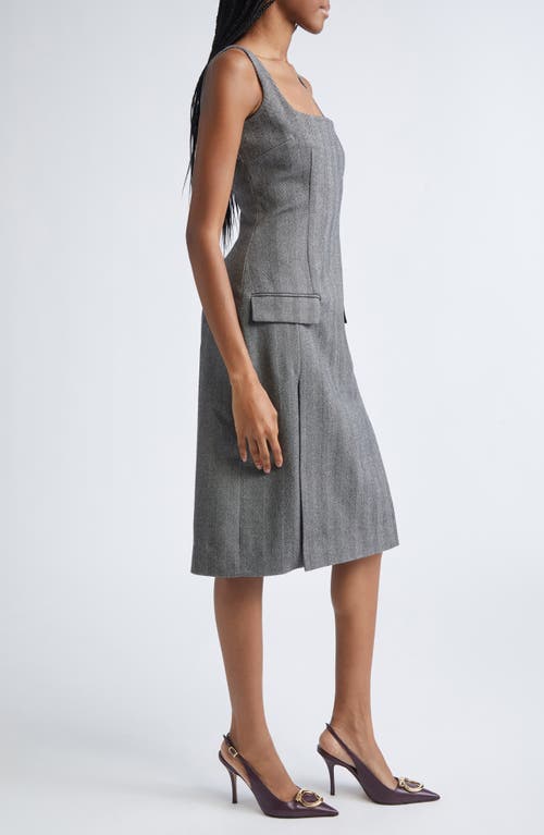 Ferragamo Sleeveless Herringbone Virgin Wool Blend Dress In Gray