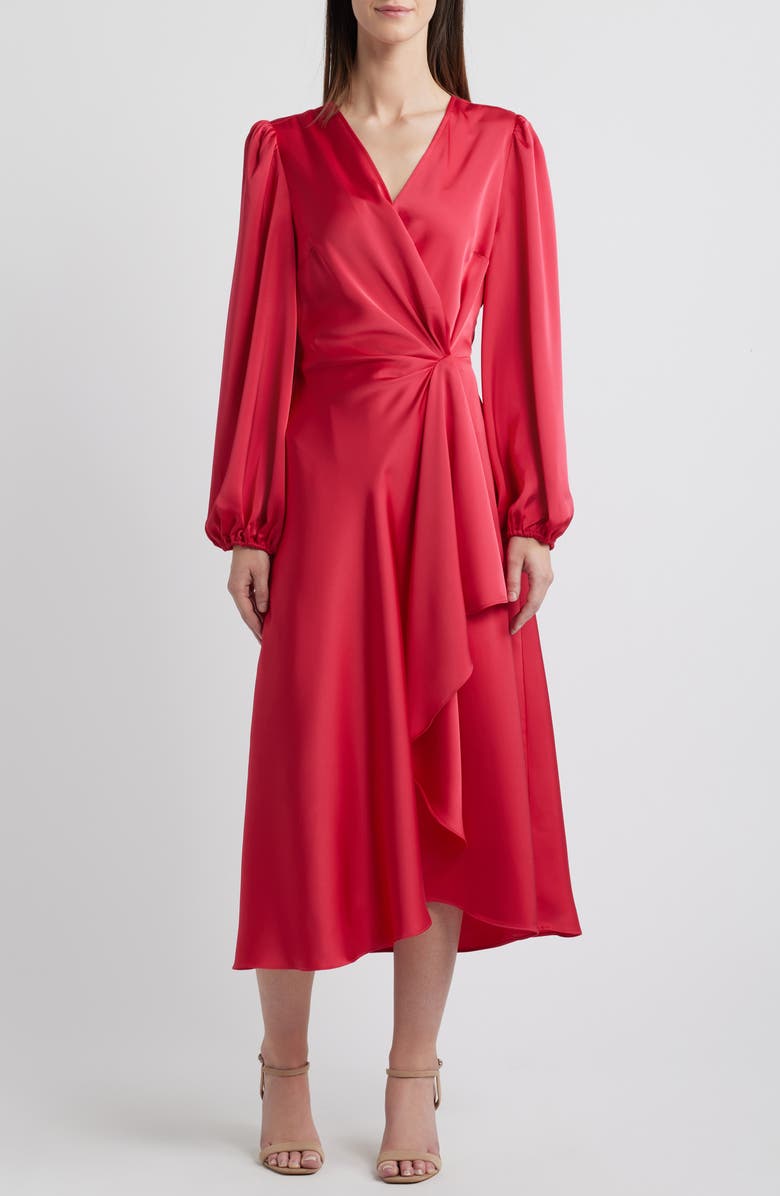 Sam Edelman Wrap Front Long Sleeve Satin Dress, Main, color, 