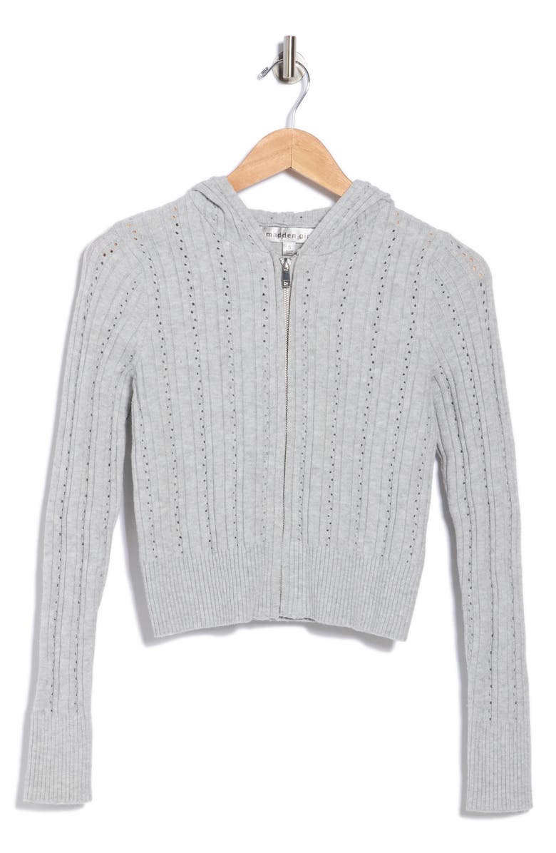 Madden Girl Wide Rib Pointelle Zip Hoodie, Alternate, color, Light Grey