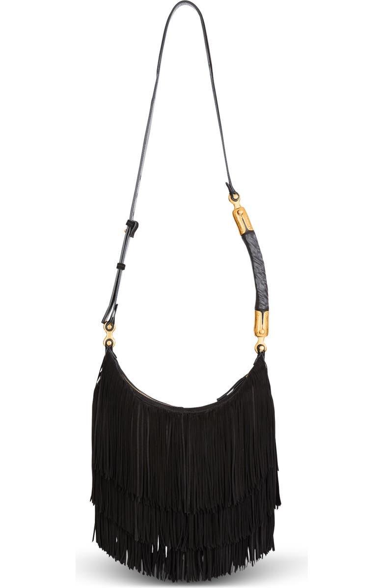 Balmain Ebene Suede Hobo Bag with Fringes, Alternate, color, Black