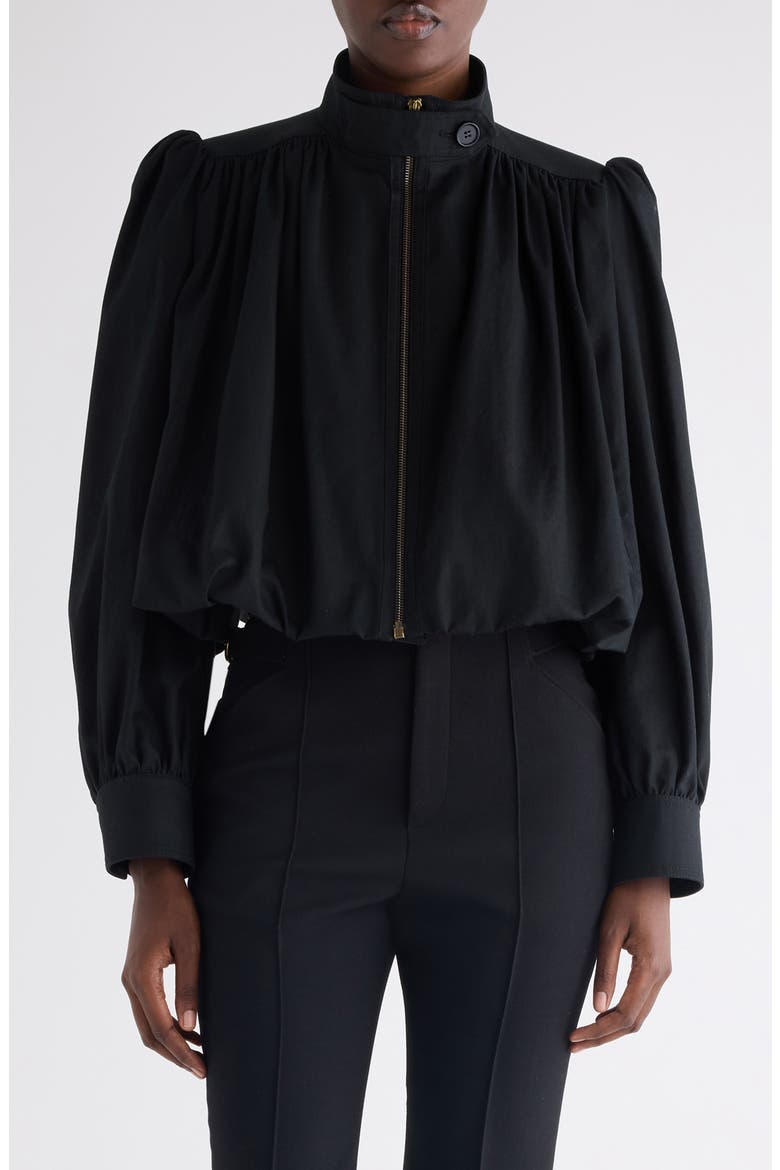 Crop Balloon Hem Cotton Zip Jacket, Main, color, BLACK