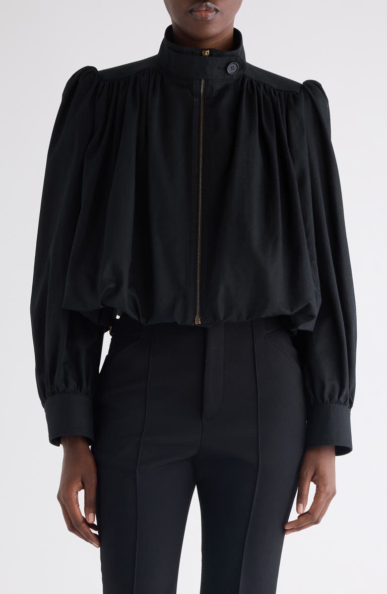 Chloé Crop Balloon Hem Cotton Zip Jacket, Main, color, Black