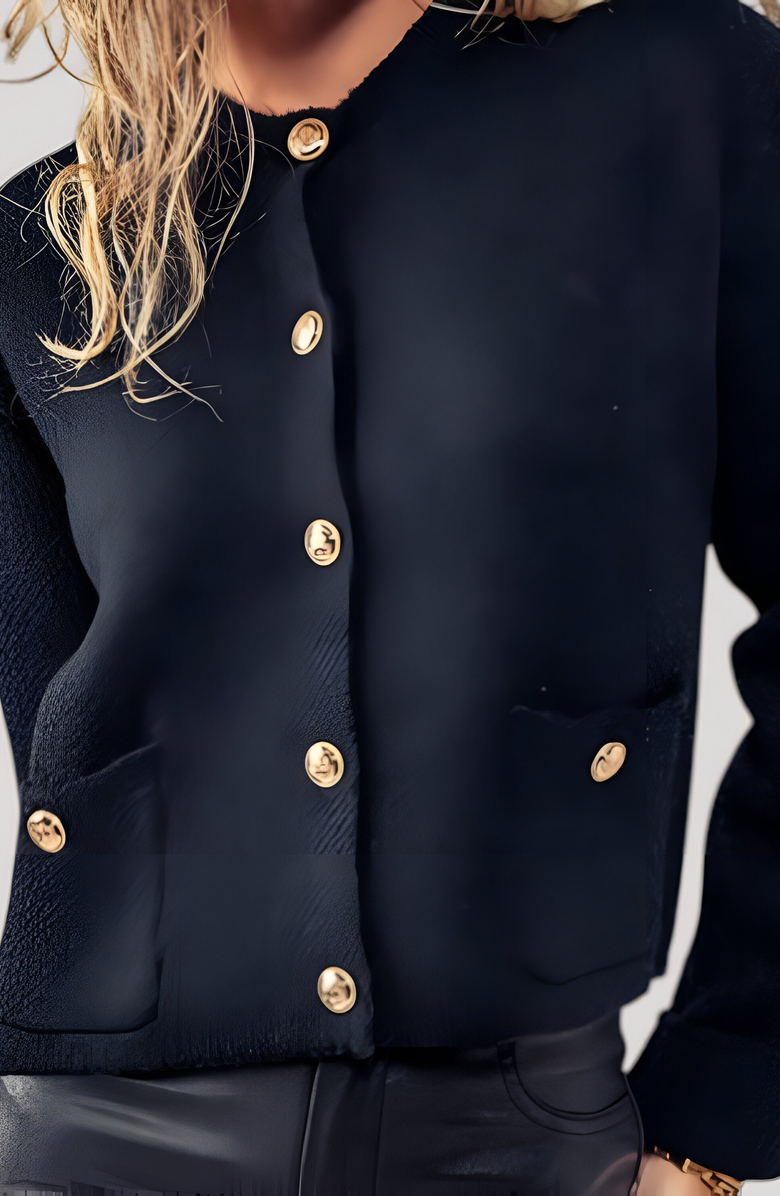 Modenaire Textured Knit Gold Button-Front Patch-Pocket Cardigan, Alternate, color, Black