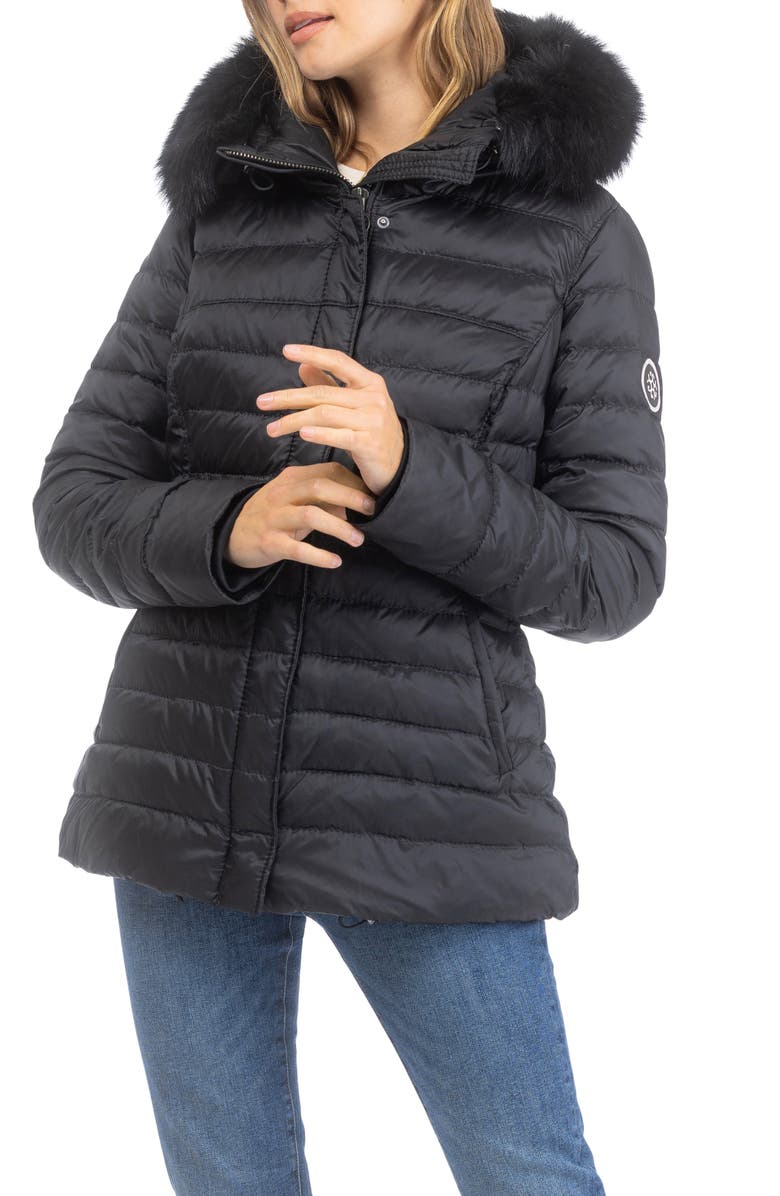 GORSKI Apres-Ski Horizontal Short Jacket With Detachable Genuine Shearling Hood Trim, Alternate, color, Black/Black