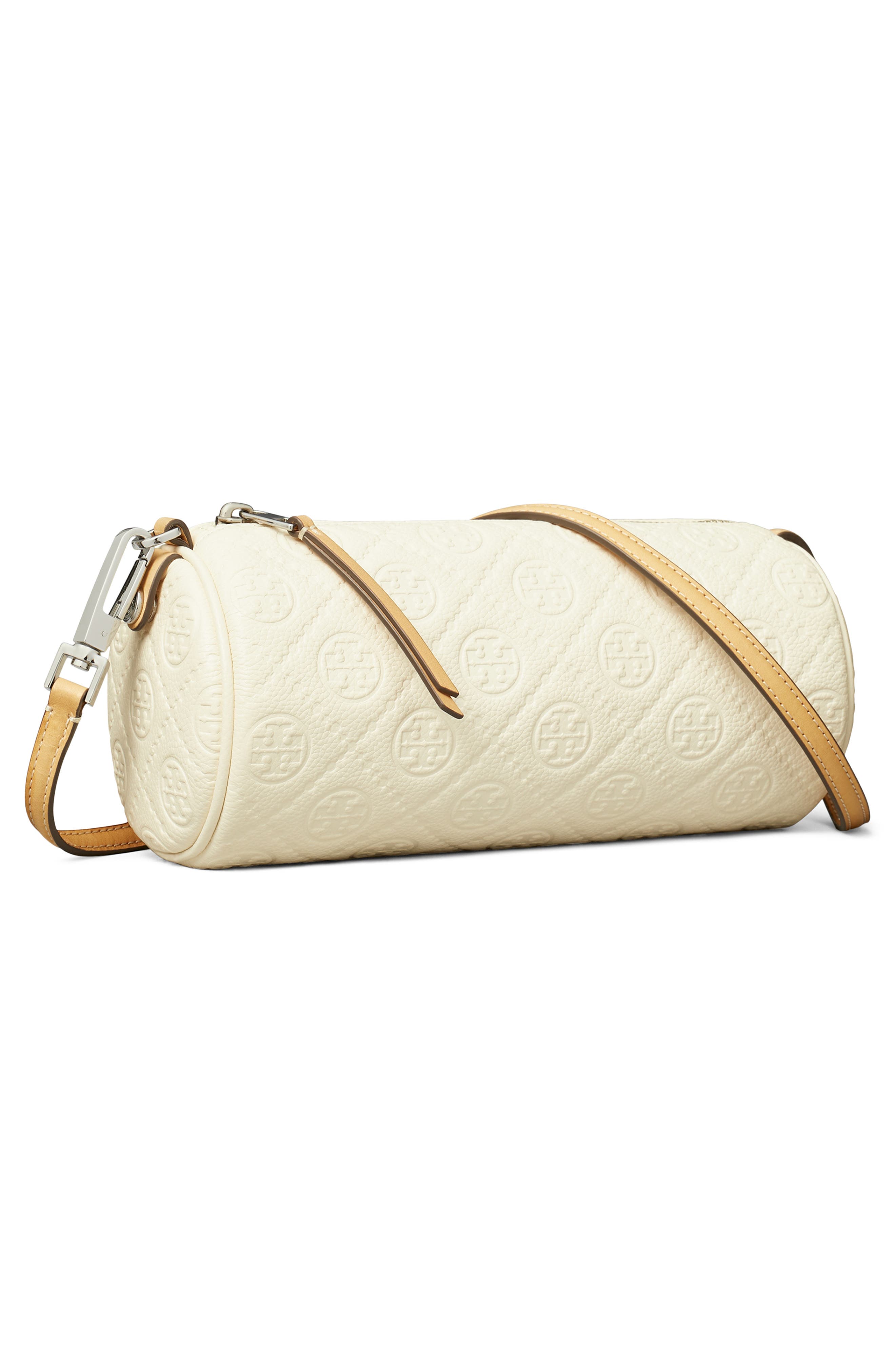 Tory Burch T Monogram Pebble Leather Cylinder Shoulder Bag, Alternate, color, Warm White