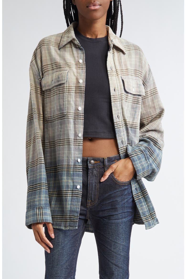 Relaxed Plaid Cotton Flannel Button-Up Shirt, Main, color, GRADIENT BLEACHED BLUE PLAID