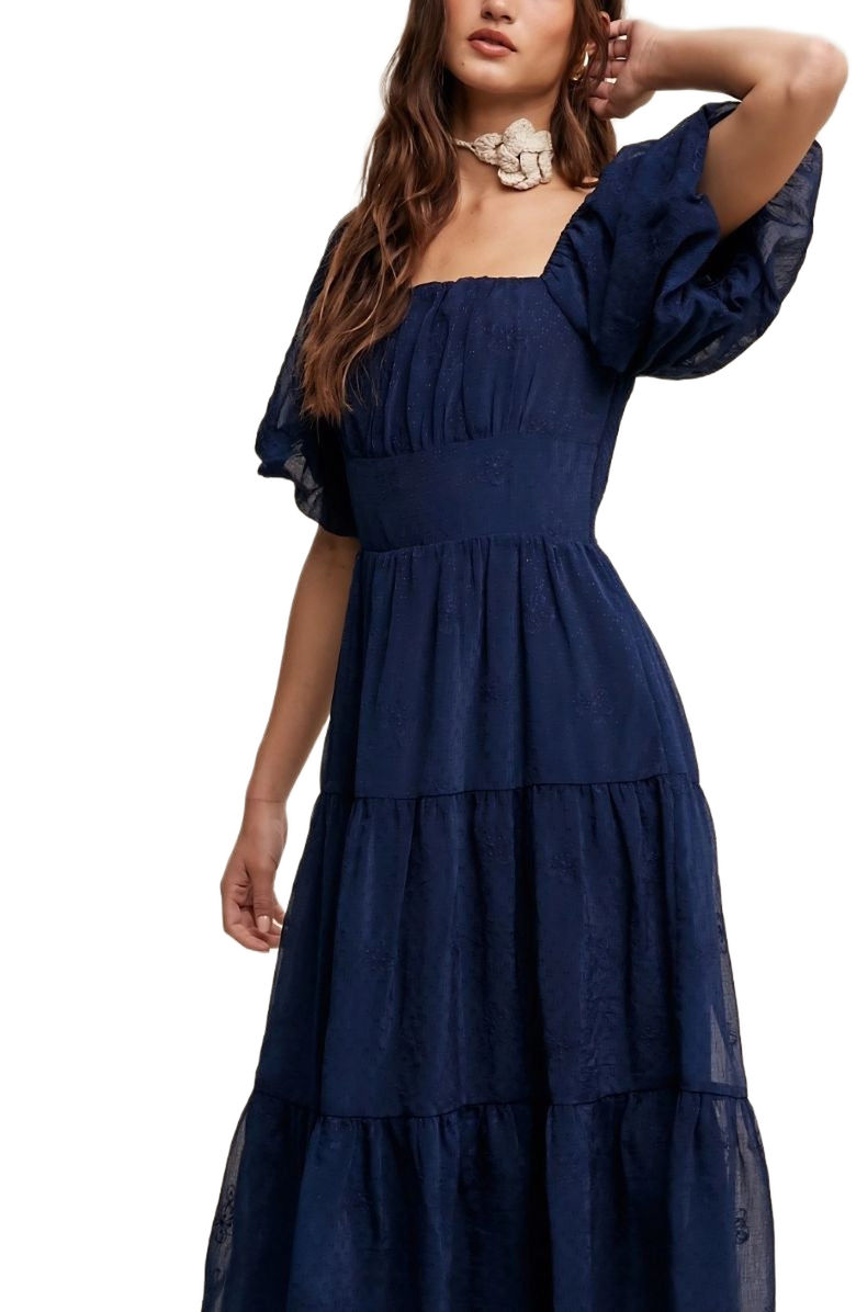 Knit and Lounge Puff Sleeve Tiered Ruffle Lace Maxi Dress, Alternate, color, Navy