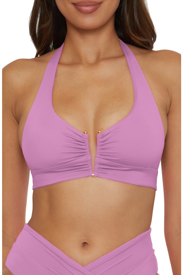 Shirred V-Wire Halter Bikini Top, Main, color, MALVA