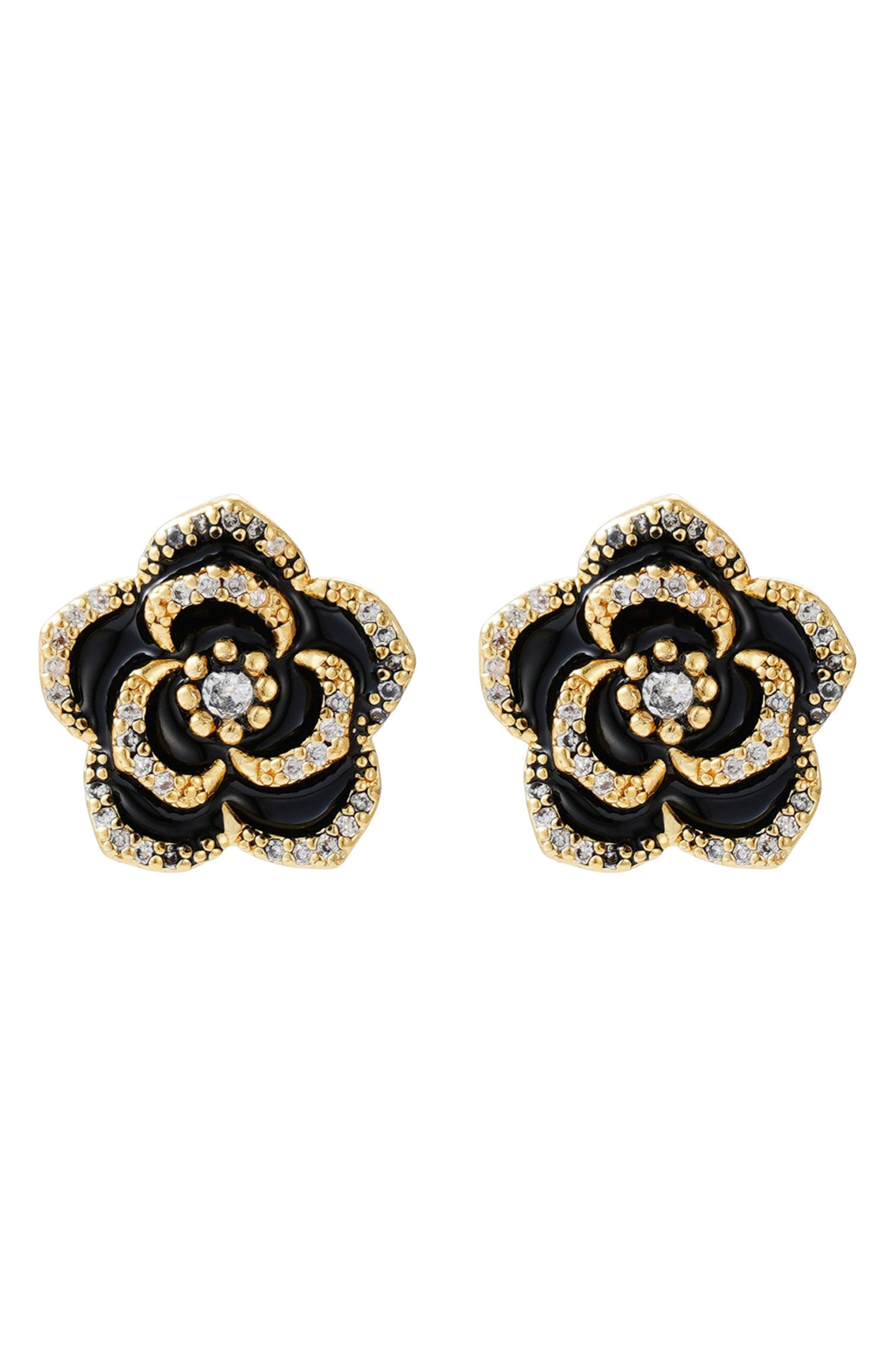 Adornia Cubic Zirconia Black Enamel Floral Stud Earrings
