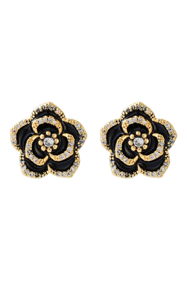 Cubic Zirconia Black Enamel Floral Stud Earrings, Main, color, BLACK