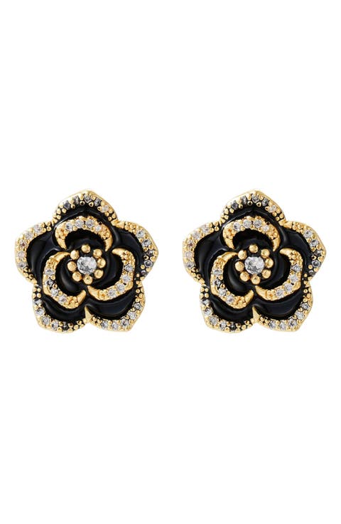Cubic Zirconia Black Enamel Floral Stud Earrings