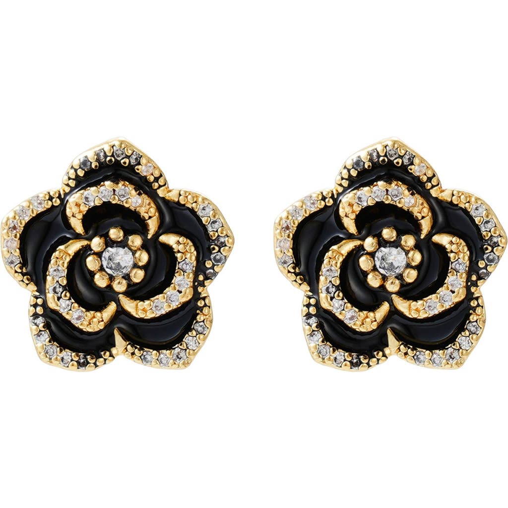 Adornia Cubic Zirconia Black Enamel Floral Stud Earrings In Black