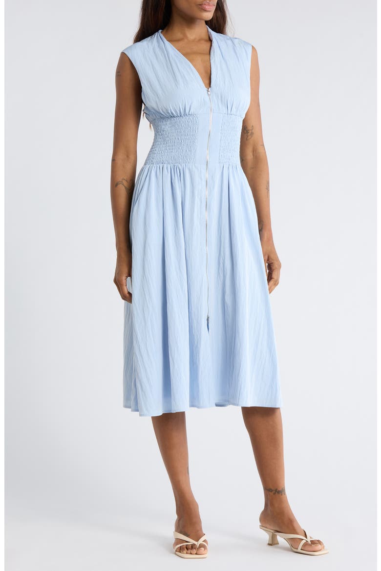 Smocked Waist Zip Midi Dress, Main, color, LIGHT BLUE