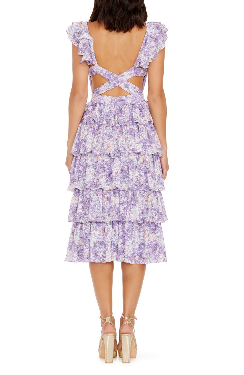 Dress the Population Kristen Floral Ruffle Tier Midi Dress, Alternate, color, Lavender Multi