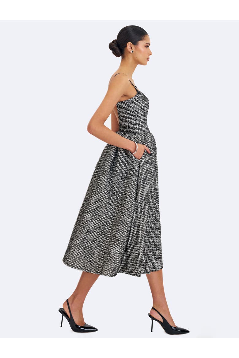 Katalina Tweed Backless Midi Dress, Alternate, color, Black and white