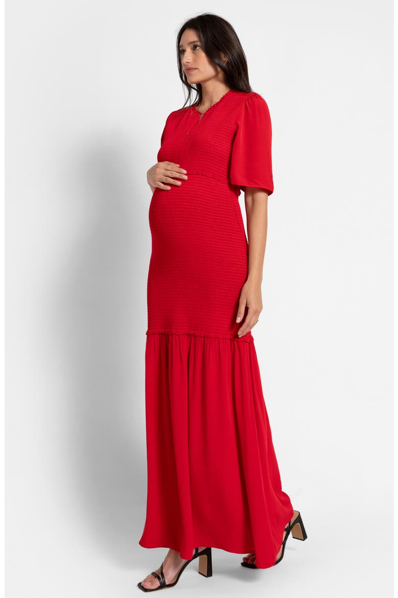 Smocked Maternity-to-Nursing Maxi Dress, Alternate, color, CORAL