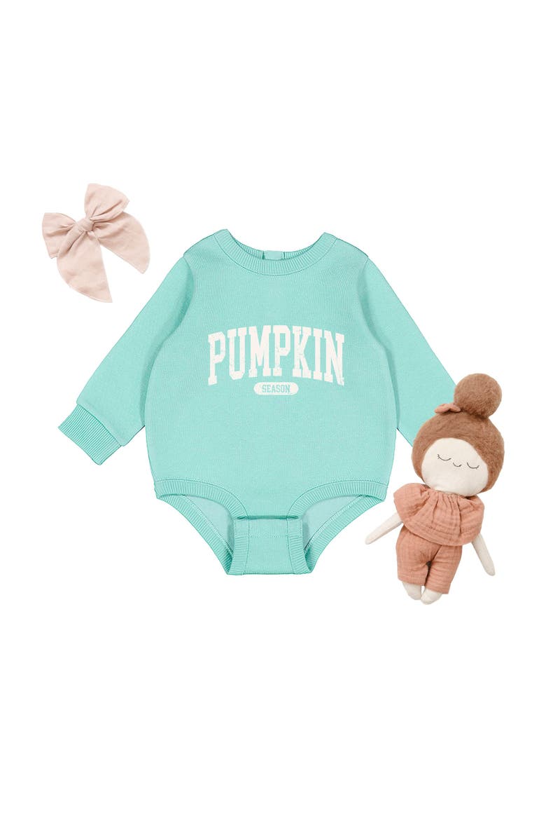 Pumpkin Season Varsity Cream Infant Fleece BodySuit, Alternate, color, Seafoam