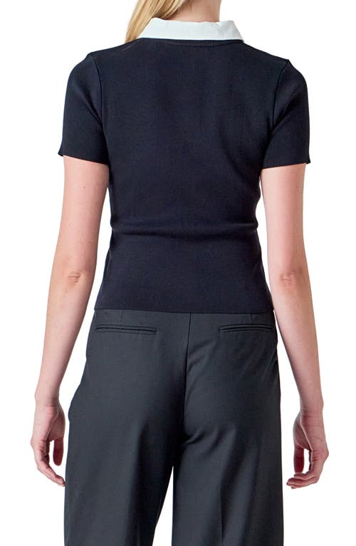 Endless Rose Contrast Collar Button Front Knit Top In Black