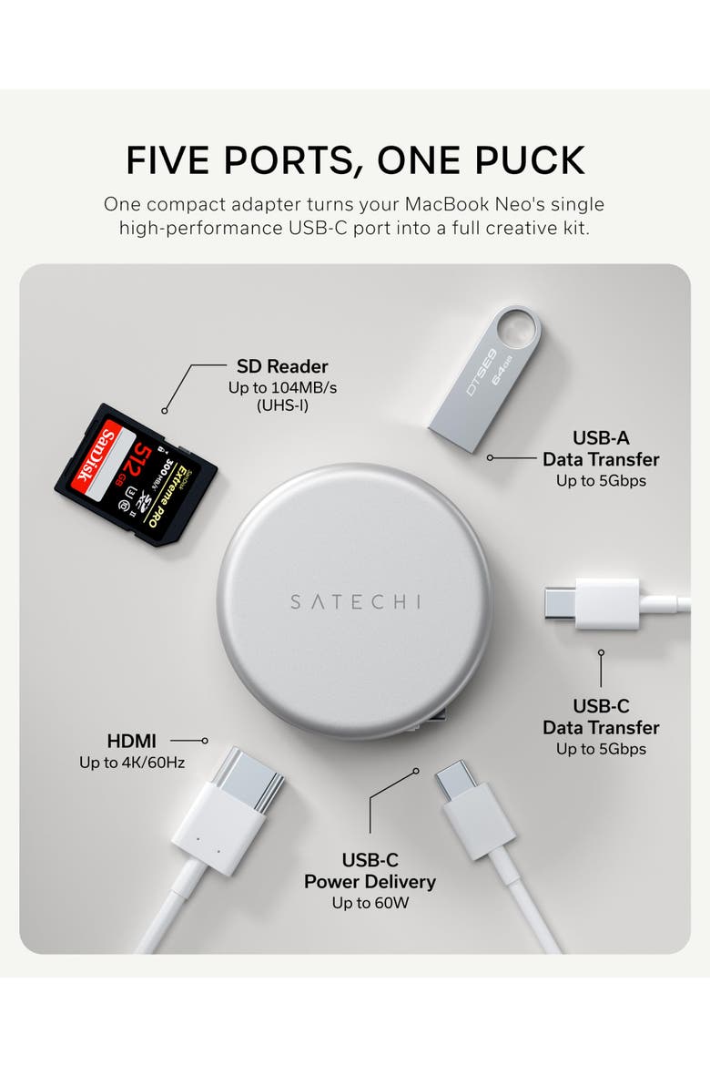 OntheGo 5-in-1 USB-C Multiport Adapter, Alternate, color, Silver