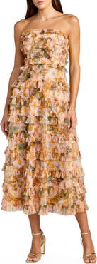 Mac Duggal Strapless Floral Micro Ruffle Dress