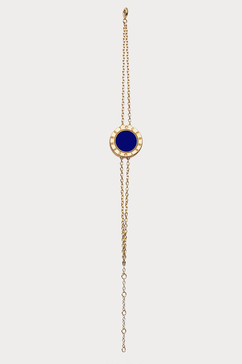 24K Gold Plated Luxury Double Chain With Bleu Saphir Enamel Safety Bracelet, Alternate, color, 24k Gold Plated