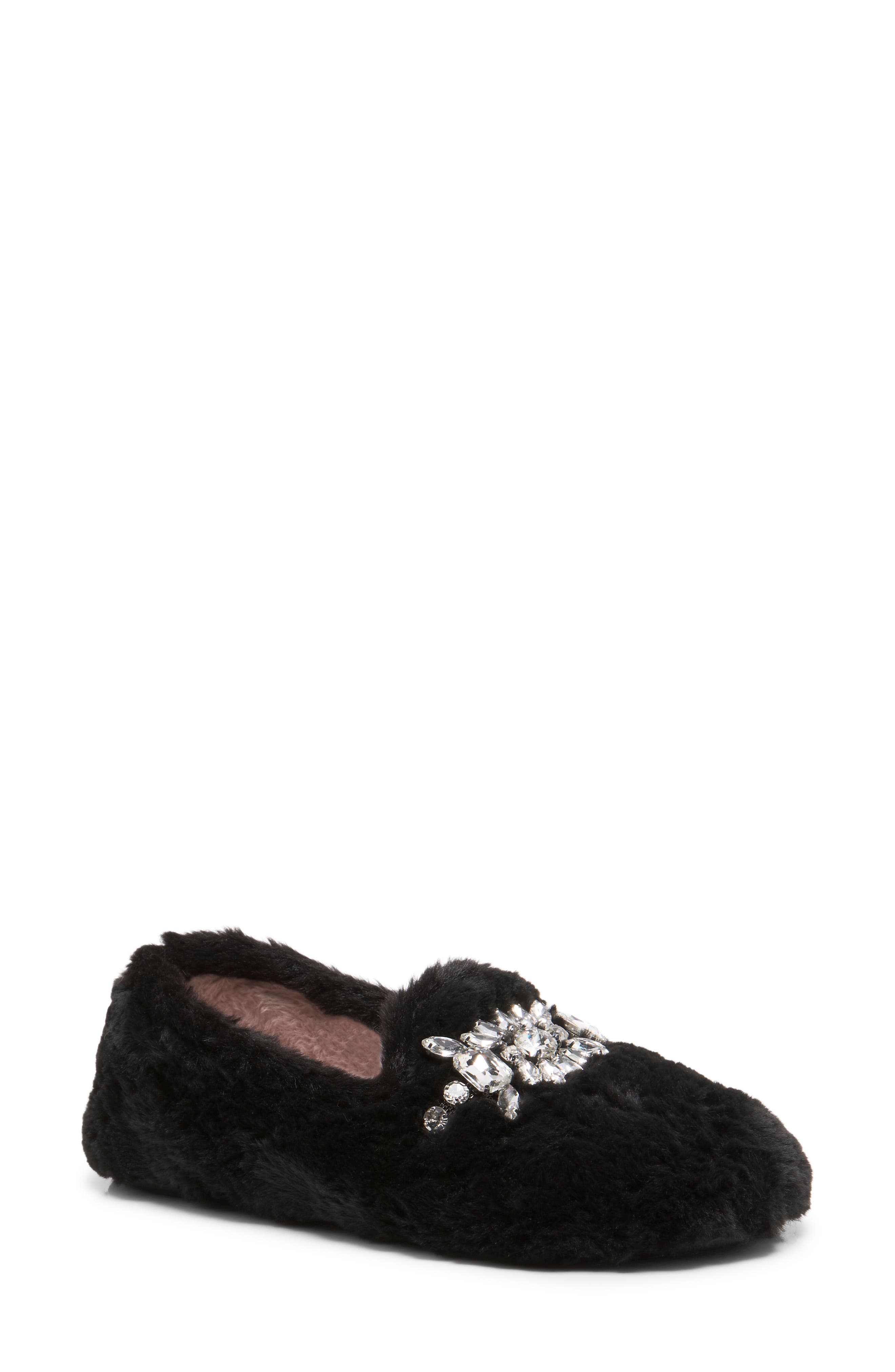 Slumber Party Faux Fur Loafer Slipper, Main, color, BLACK