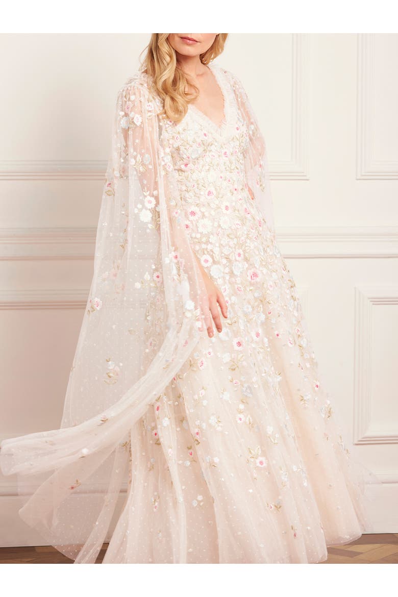 Ethereal Blooms Cape Sleeve Ankle Gown, Alternate, color, Cream/Multi