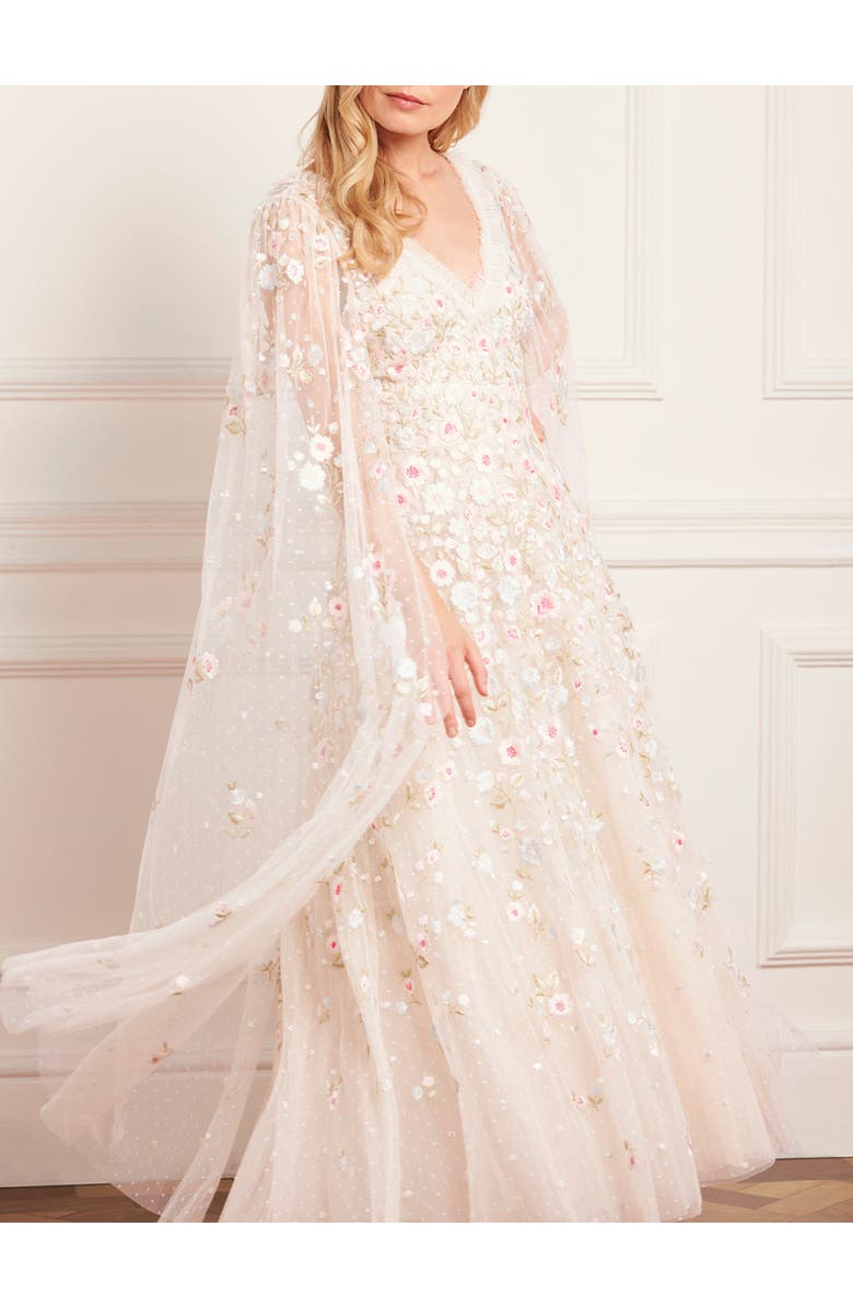 Needle & Thread Ethereal Blooms Cape Sleeve Ankle Gown, Alternate, color, Cream/Multi