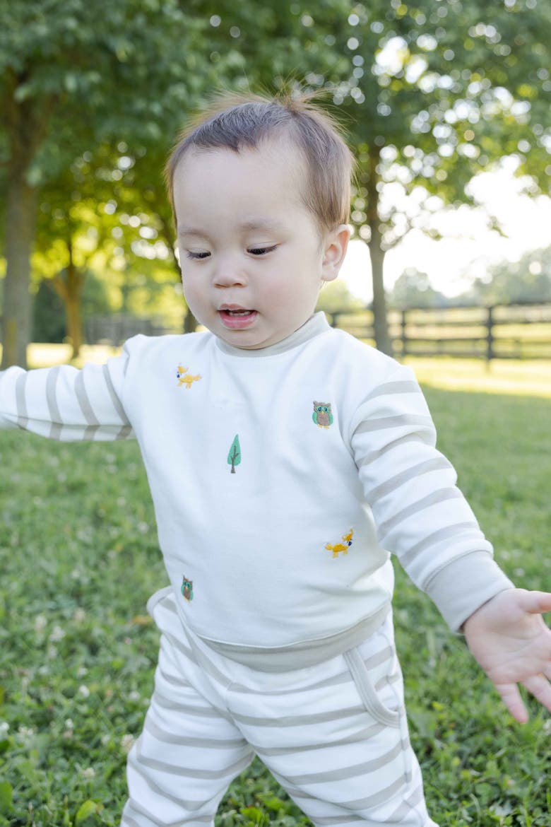 French Terry Knit Set with Woodland Animals, Alternate, color, Ivory & White Stripe