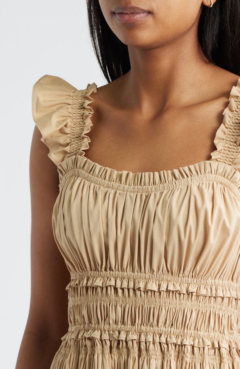 Anne Klein Smocked Ruffle Trim Midi Dress, Alternate, color, Desert Tan