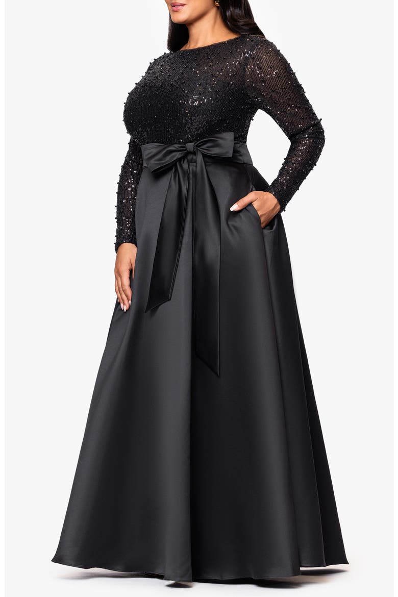 Sequin Bodice Long Sleeve Gown, Alternate, color, BLACK