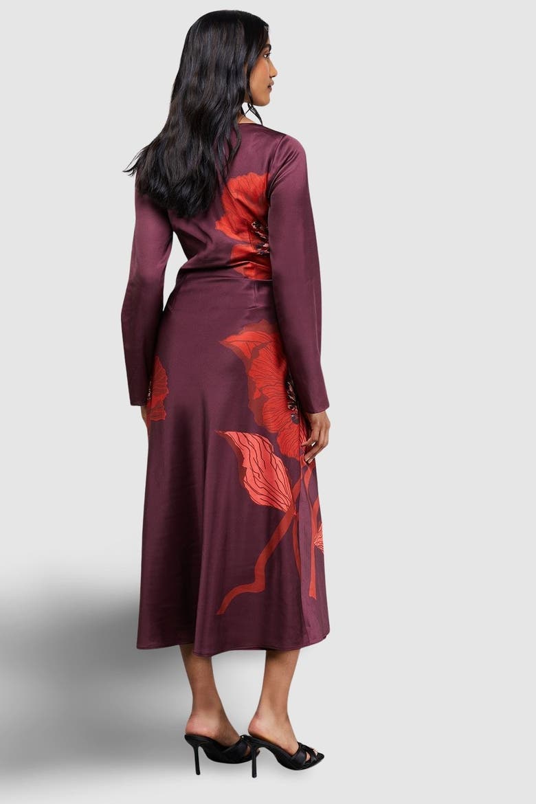 Floral Placement Print Satin Midi Dress, Alternate, color, Dark Red