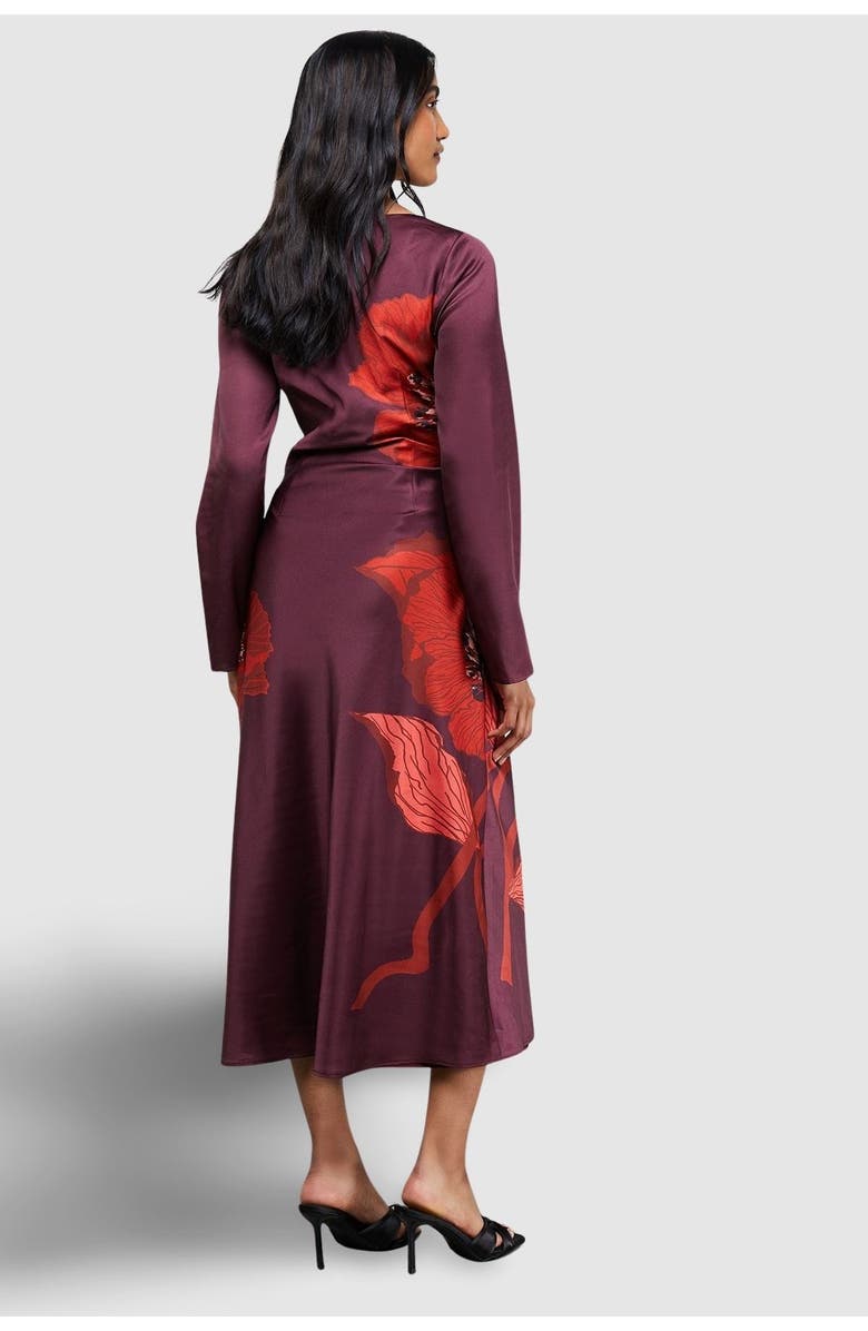 Warehouse Floral Placement Print Satin Midi Dress, Alternate, color, Dark Red