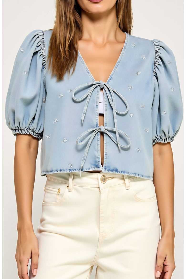 Embroidered Bow Puff Sleeve Top with Front Tie Detail and V-Neckline, Alternate, color, Light Blue