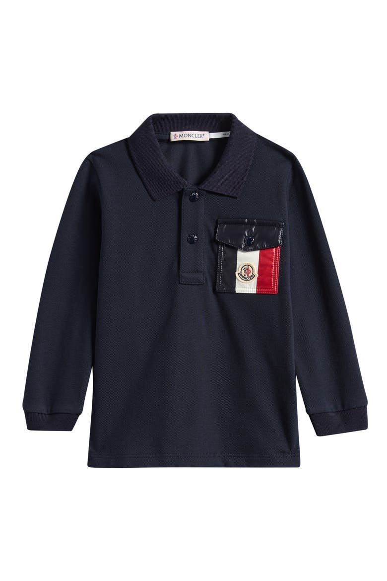 Kids' Patch Pocket Long Sleeve Stretch Cotton Polo, Main, color, NAVY