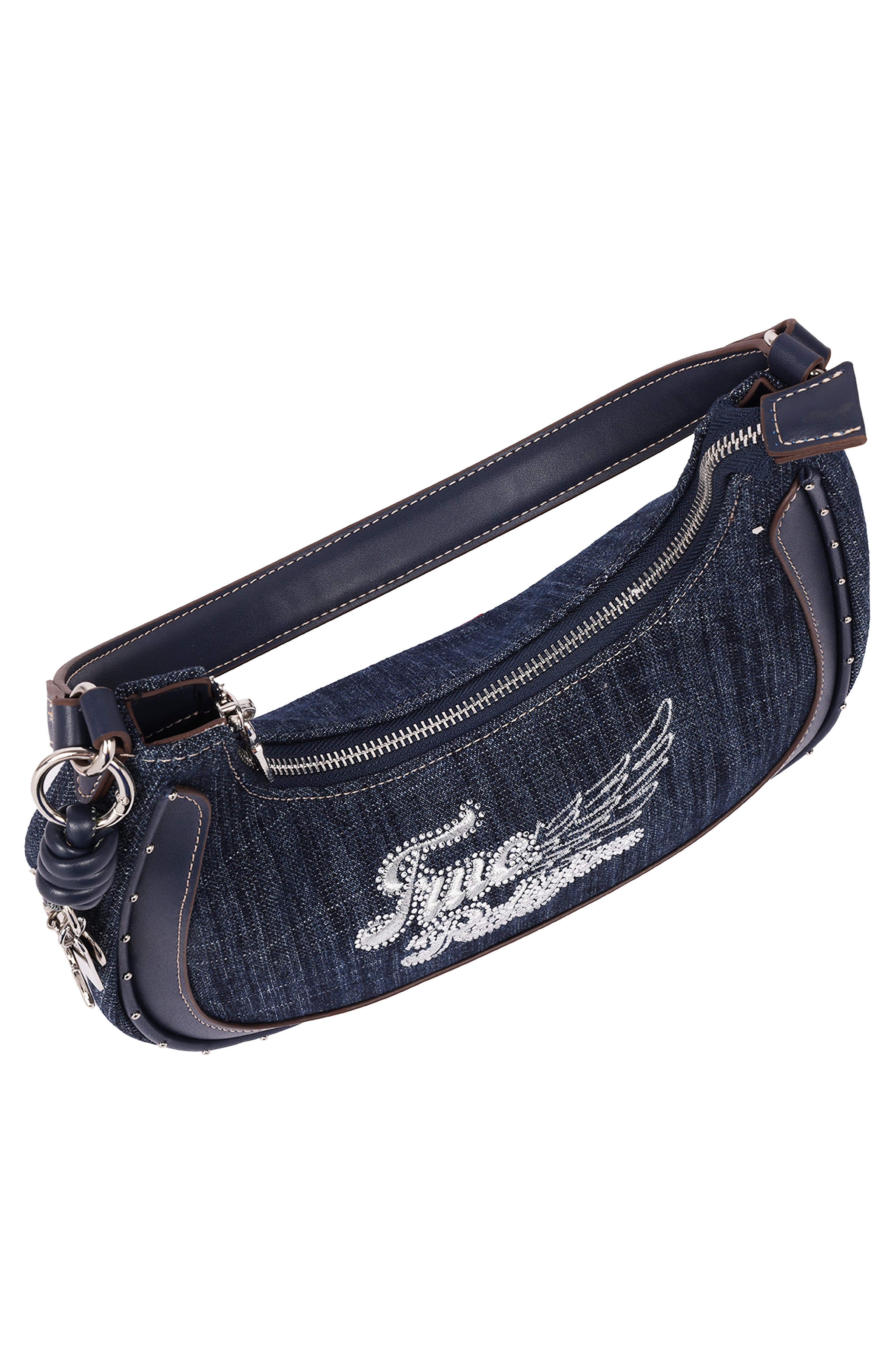 True Religion Wing Motif Denim Hobo Bag, Alternate, color, Navy