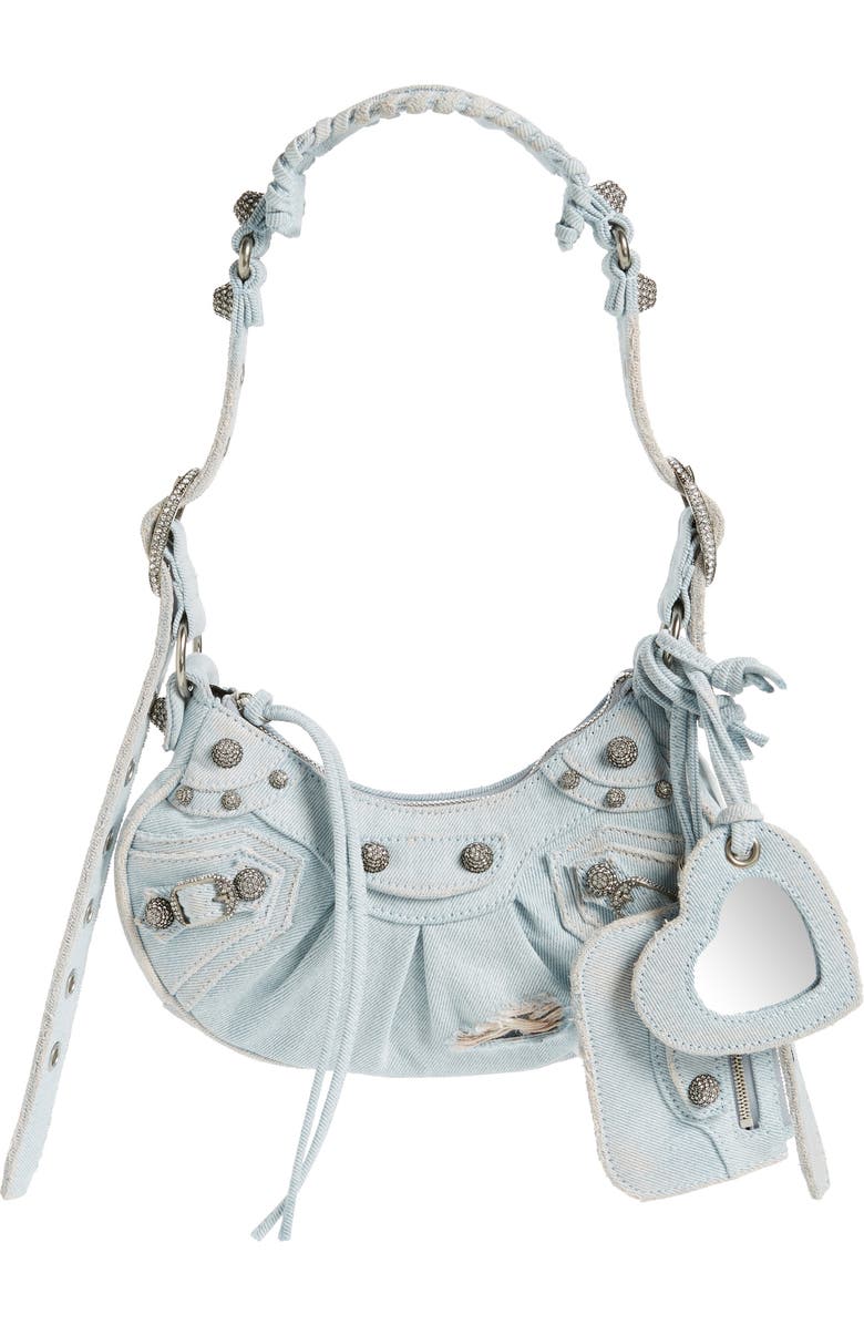 Balenciaga Extra Small Cagole Distressed Denim Shoulder Bag, Main, color,