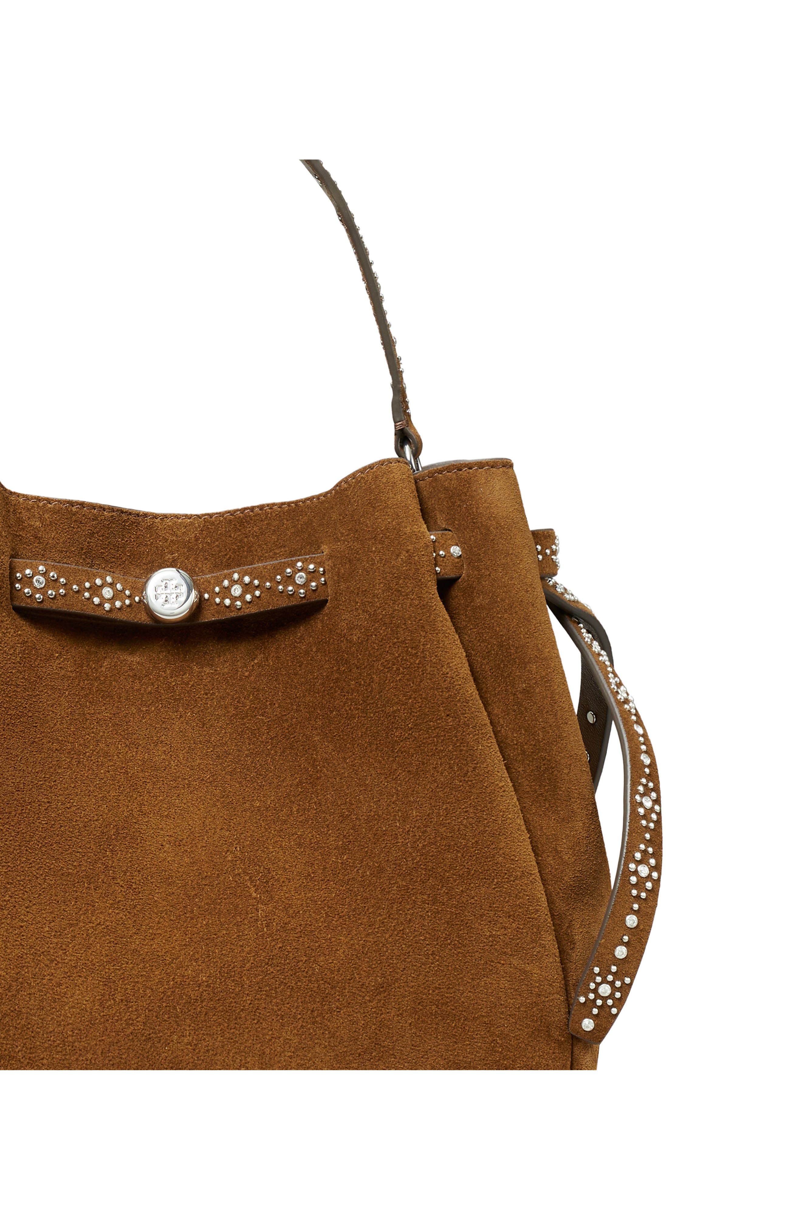 Romy Studded Leather Bucket Bag, Alternate, color, CARAMEL