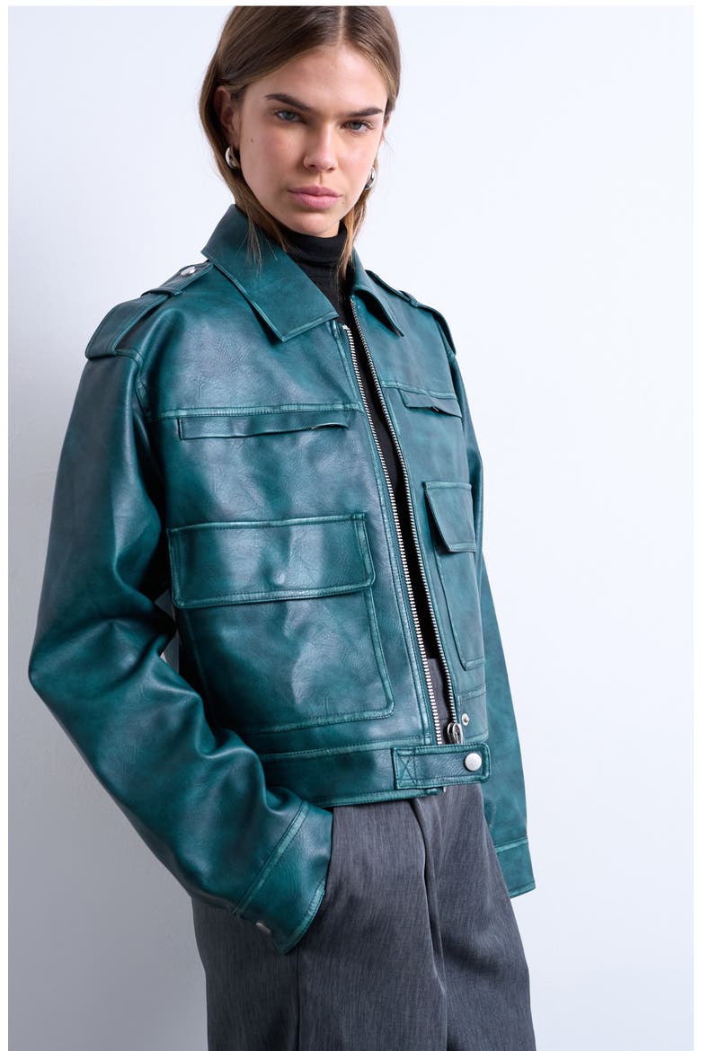 Washed Faux Leather Zip Jacket, Main, color, TURQUOISE