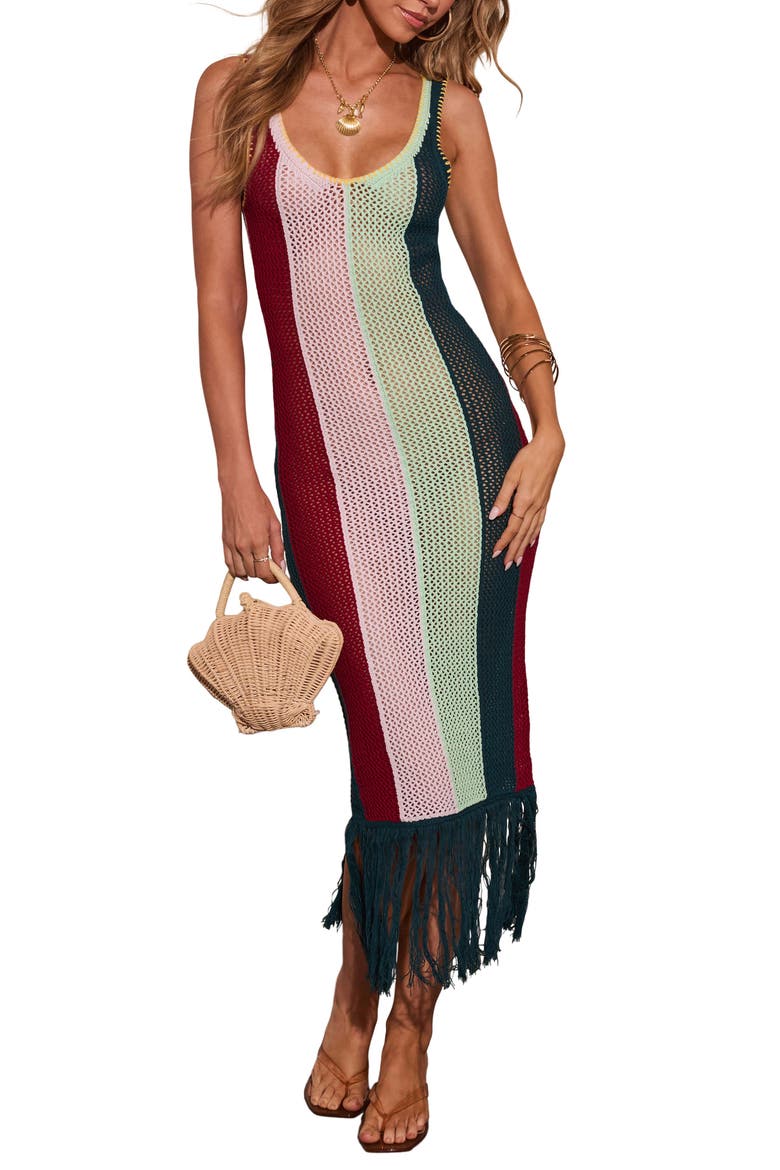Marrion Stripe Open Stitch Fringe Midi Dress, Main, color, MULTI
