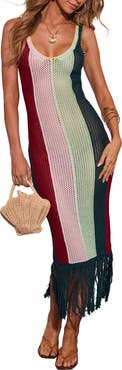 VICI Collection Marrion Stripe Open Stitch Fringe Midi Dress