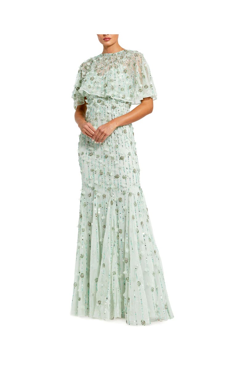 Mac Duggal Women's Embellished Illusion Cape Sleeve Trumpet Gown, Main, color, Sage