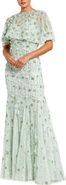 Mac Duggal Women's Embellished Illusion Cape Sleeve Trumpet Gown