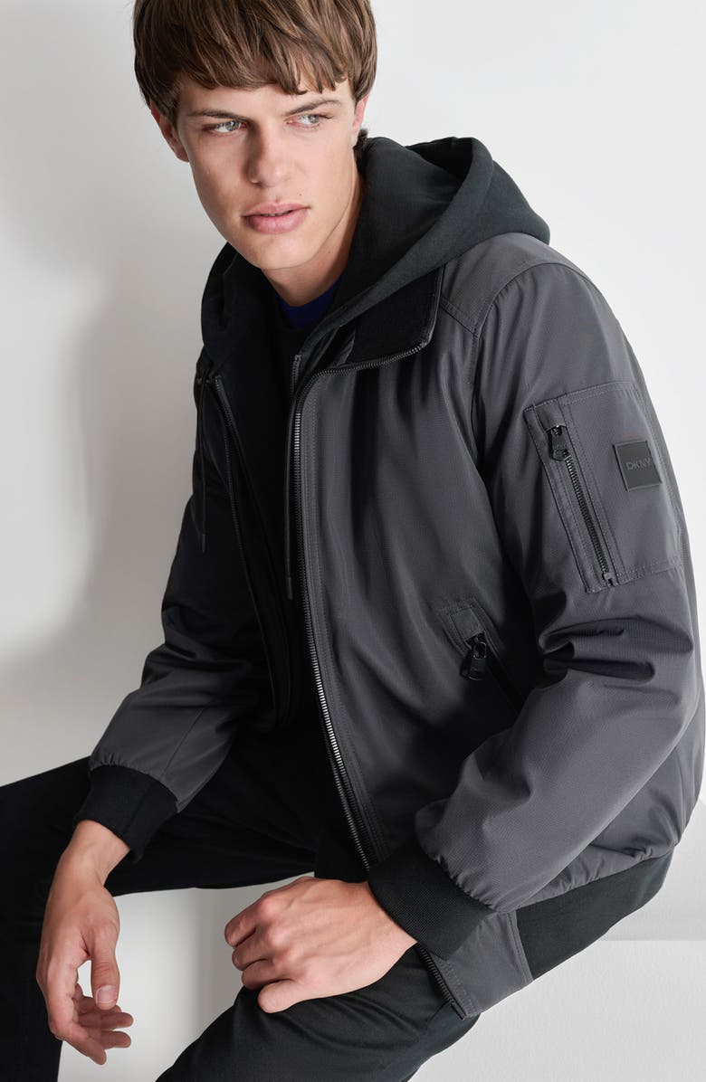 DKNY Water Resistant Bomber with Hooded Bib, Alternate, color, Iron