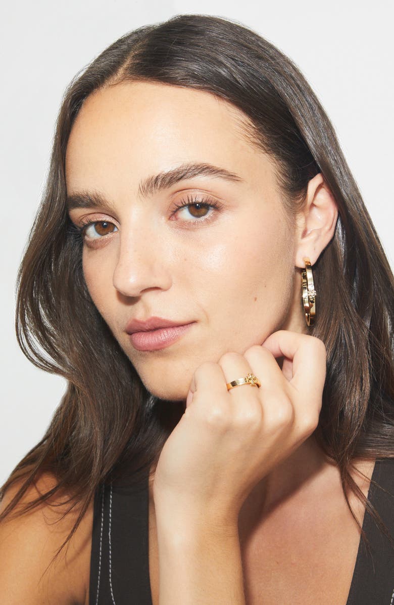 Tory Burch Thin Icon Hoop Earrings, Alternate, color, Tory Gold