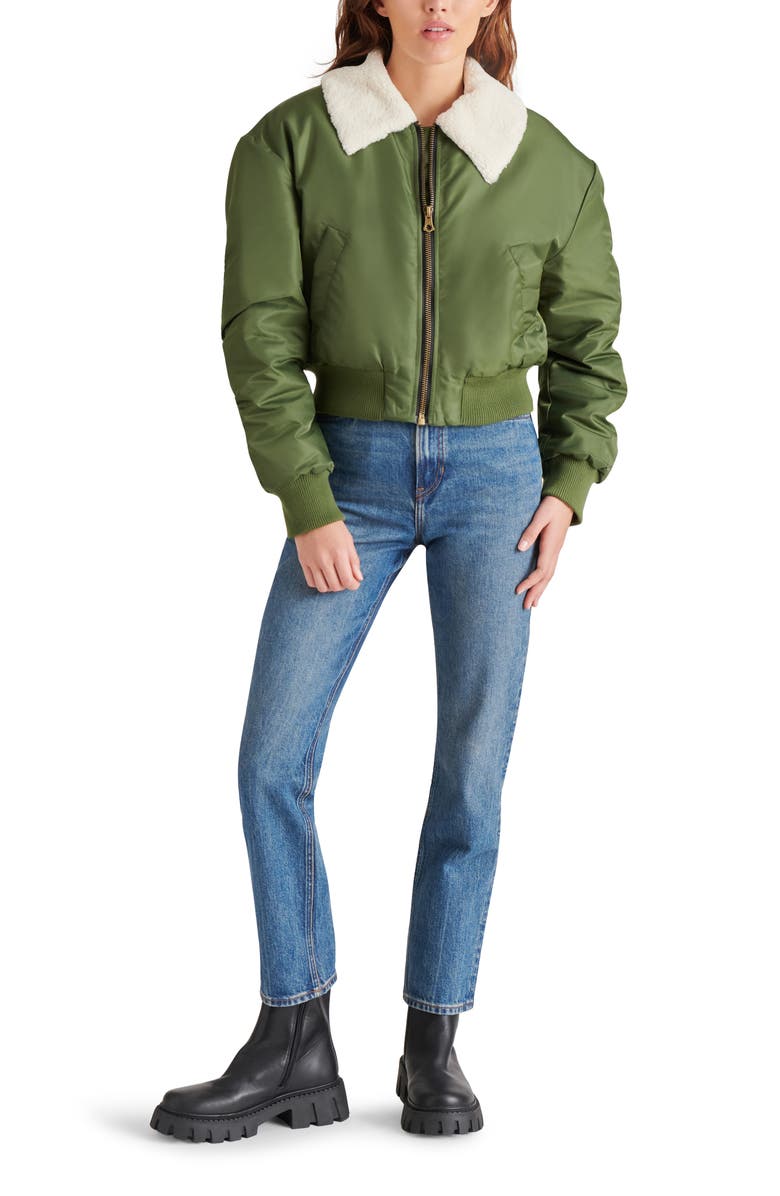 Steve Madden Fleece Trim Nylon Bomber Jacket, Alternate, color,