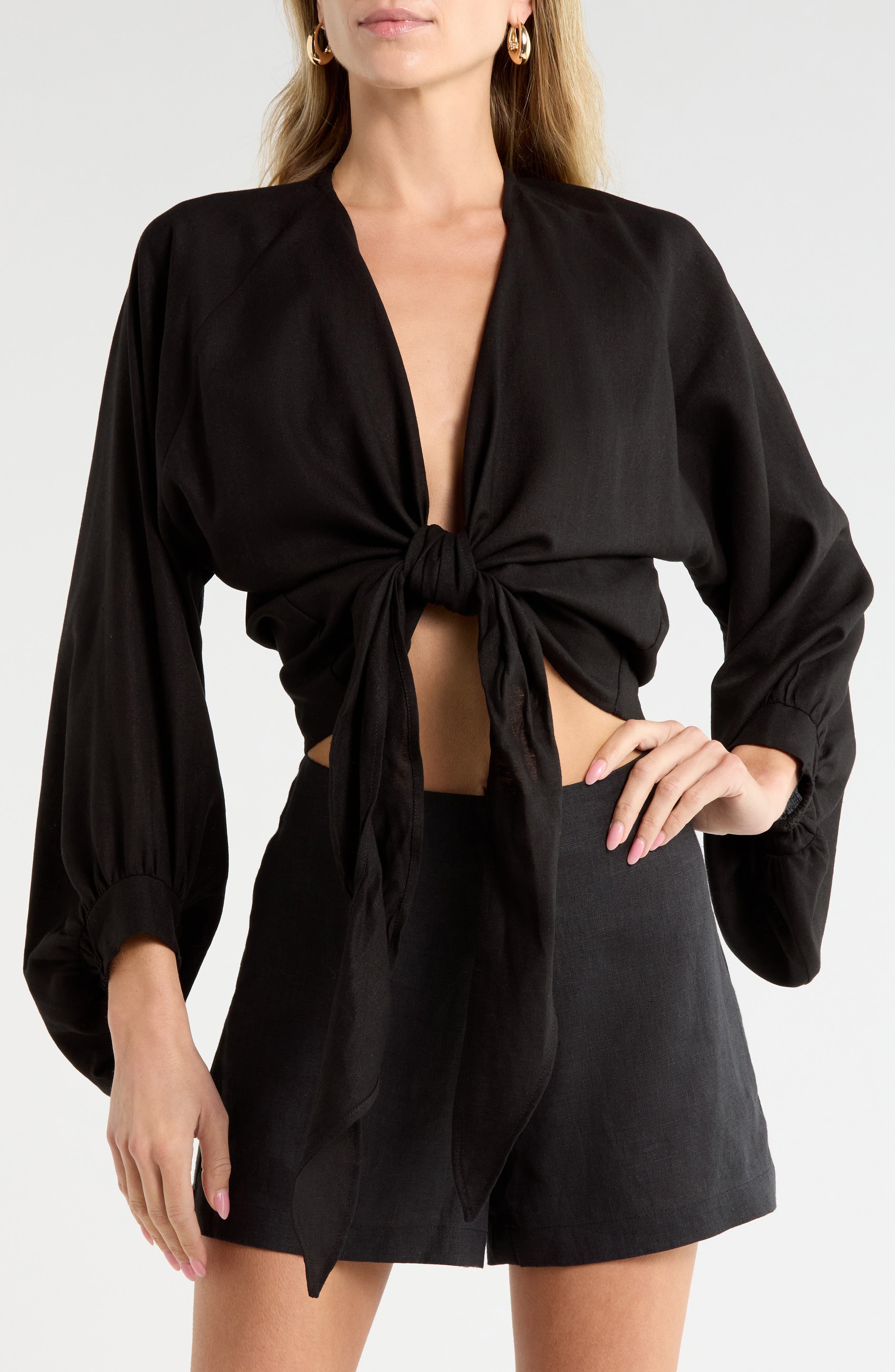 Adri Long Sleeve Tie Front Top