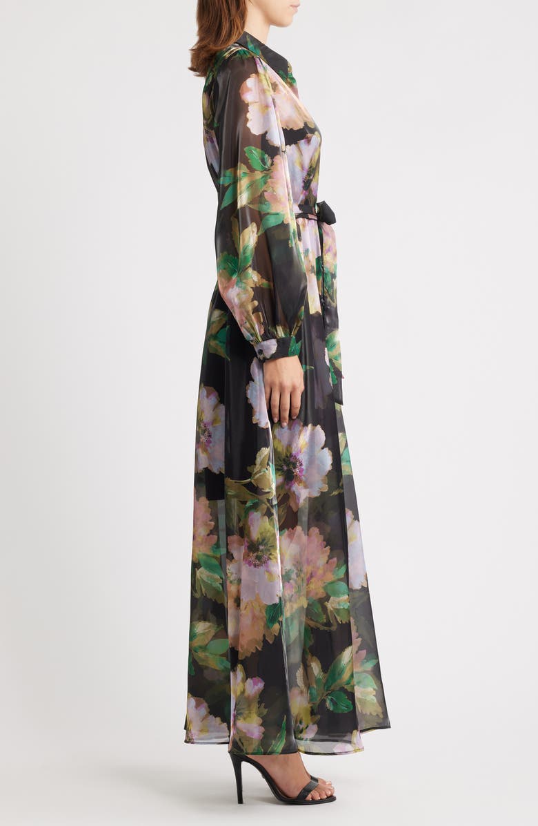 Julia Jordan Floral Long Sleeve Shirtdress Gown, Alternate, color, Black Multi