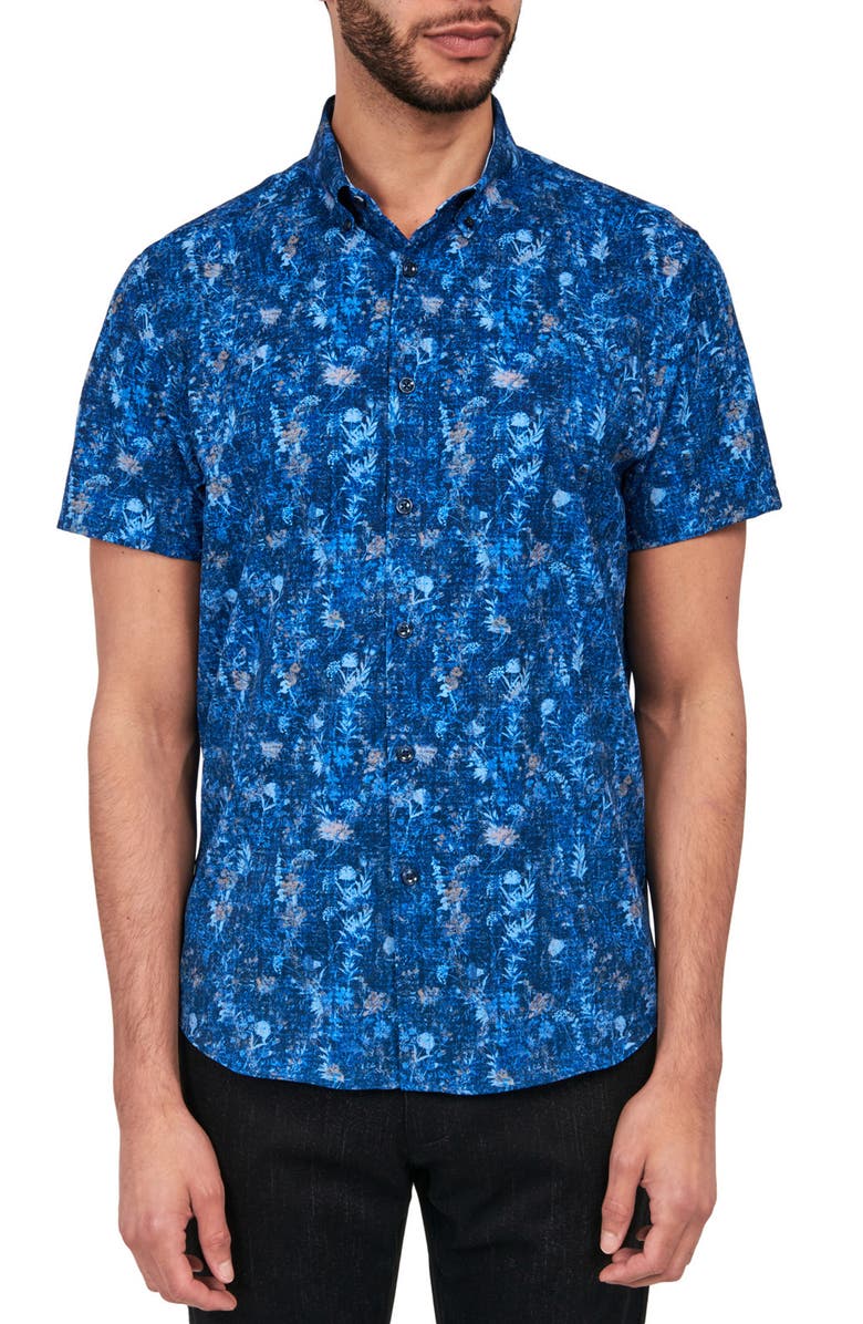 Brooklyn Brigade Slim Fit Barlow Vintage Floral 4-Way Stretch Performance Short Sleeve Shirt, Main, color, Navy
