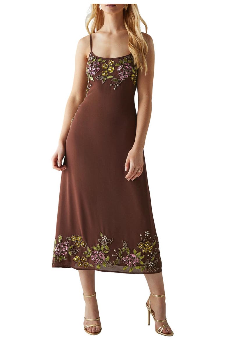 Warehouse Embellished Strappy Sequin Midi Dress, Alternate, color, Chocolate